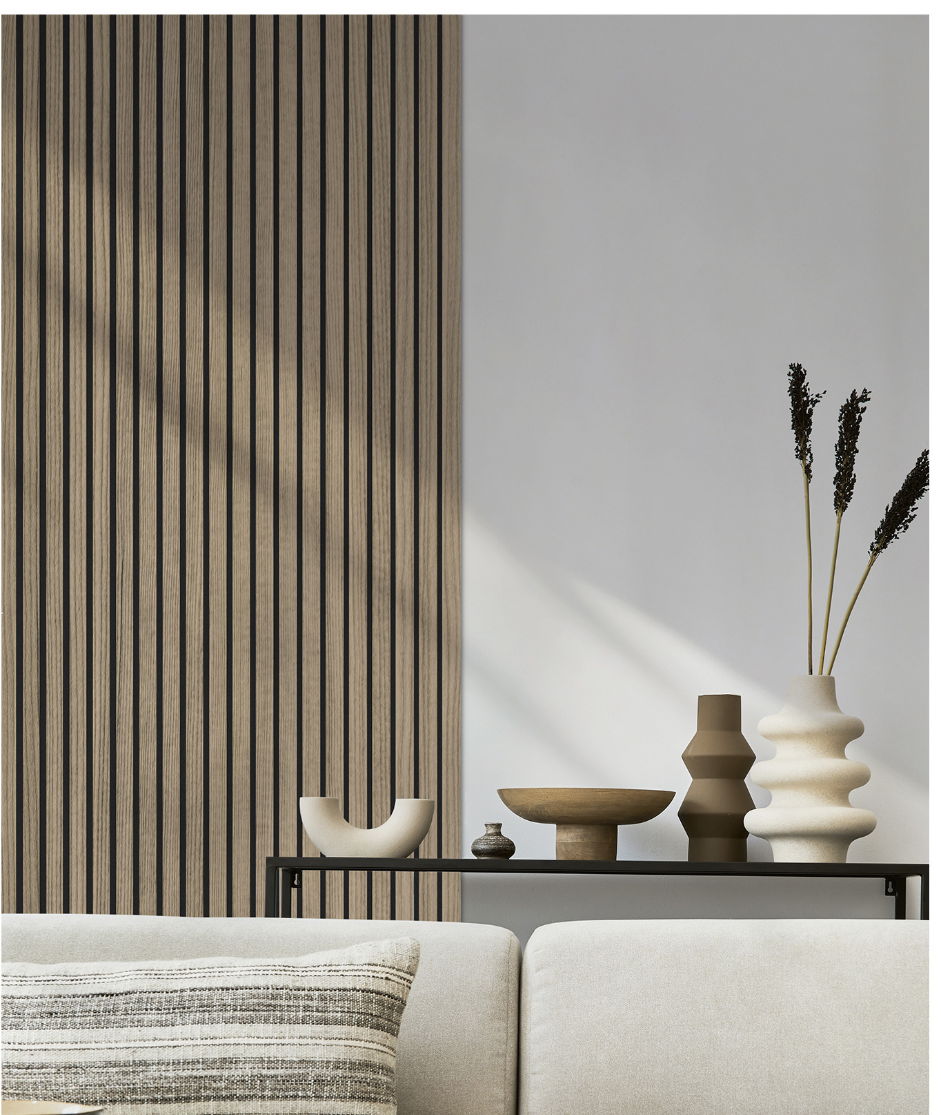 VENEER Rustic Oak akusztikus falburkolat egy konzolasztal fölött