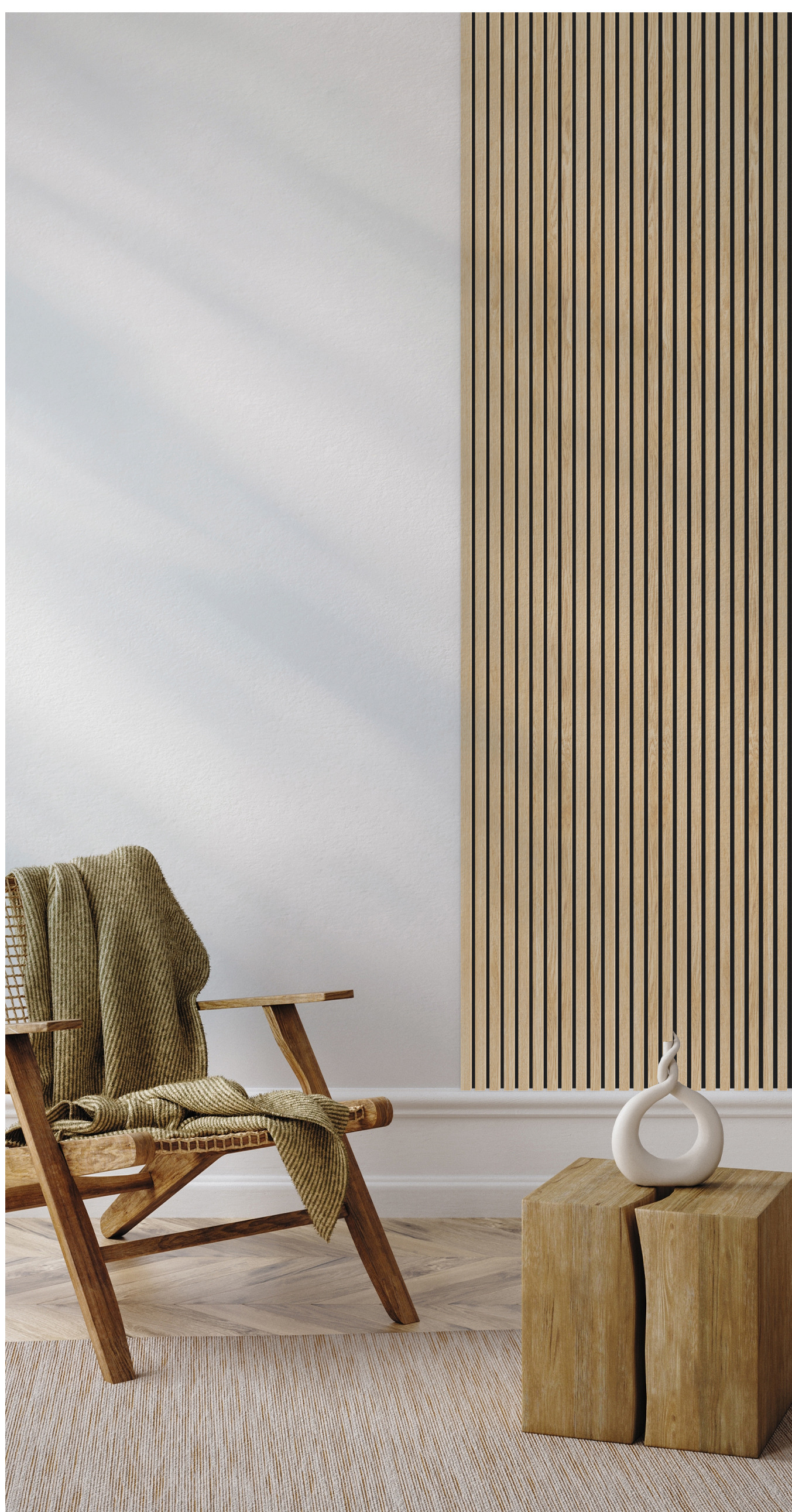 VENEER Light Oak akusztikus falburkolat a nappali falán