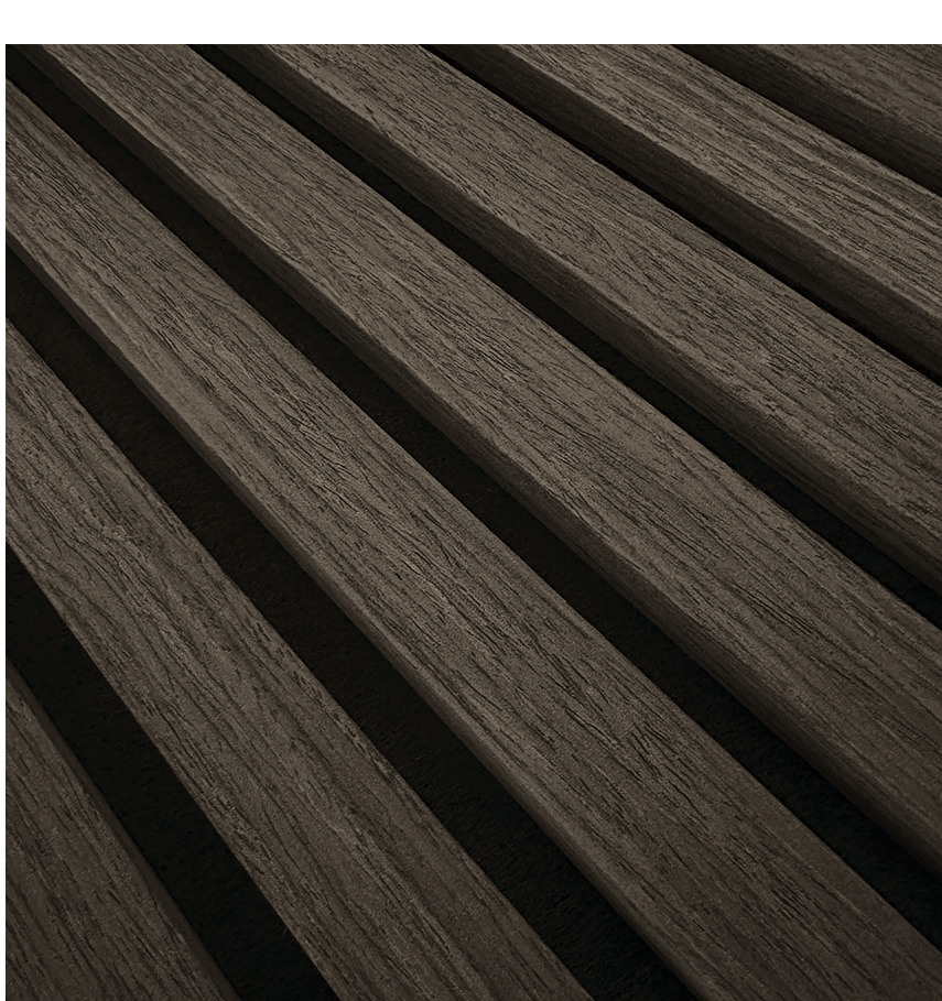 A VENEER Walnut burkolat lamelláinak és fekete akusztikus textíliájának részlete