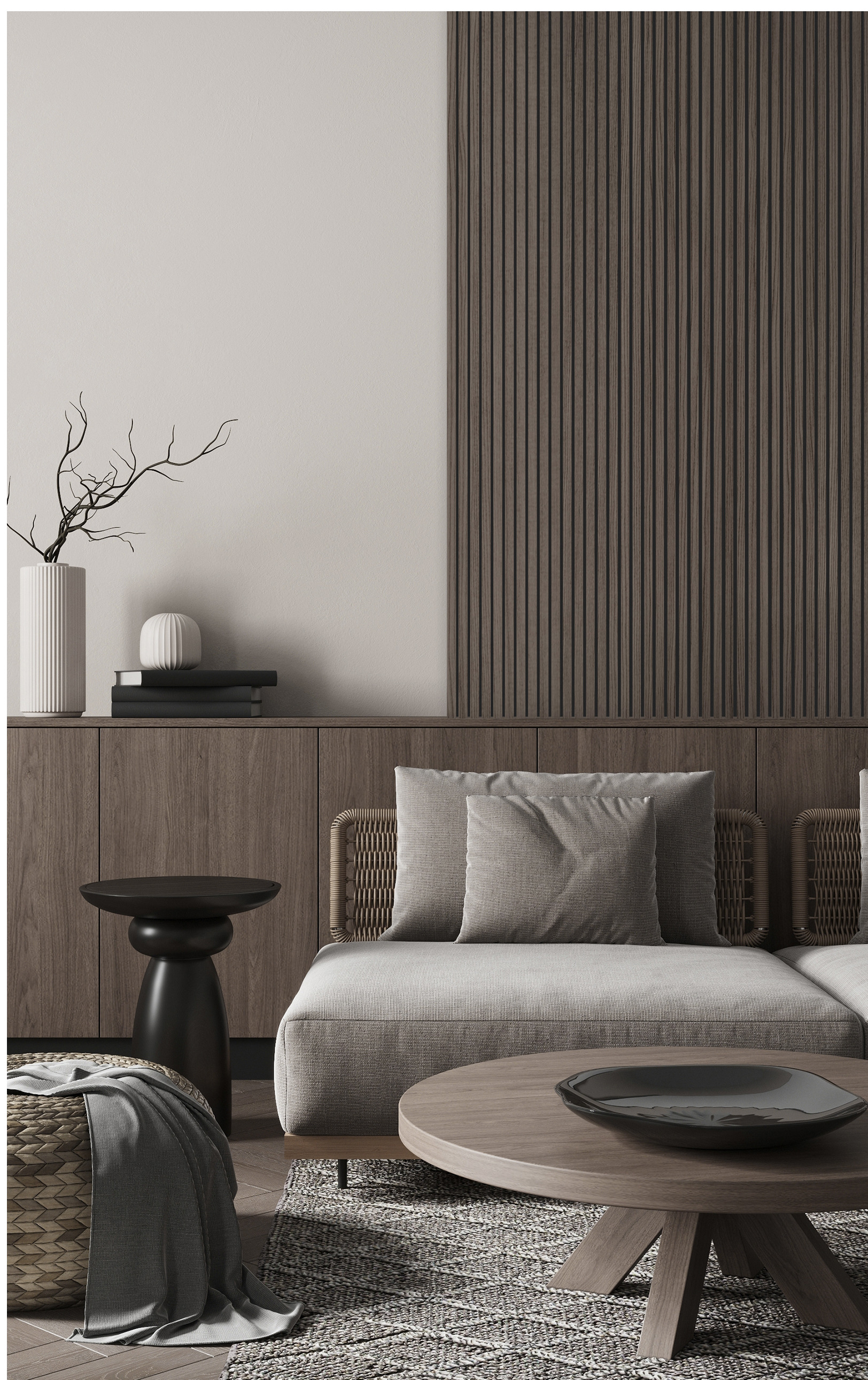 VENEER Walnut akusztikus falburkolat sötét bútorokkal berendezett nappaliban