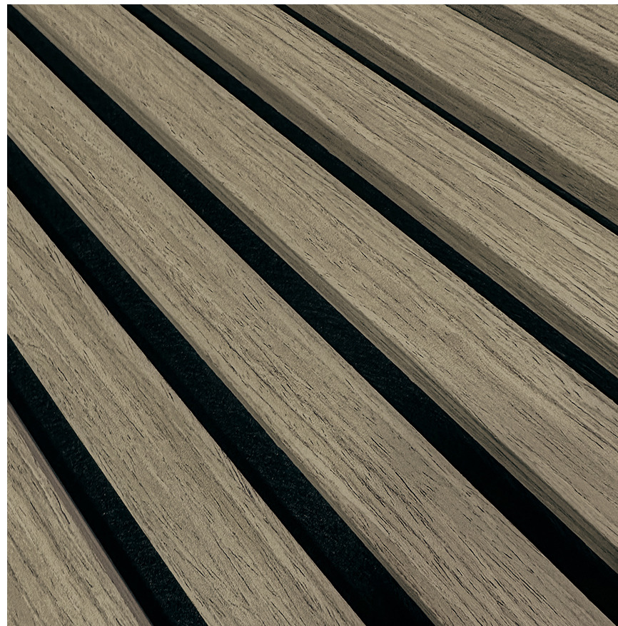 A VENEER Rustic Oak burkolat lamelláinak és fekete akusztikus textíliájának részlete