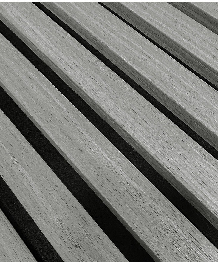 A VENEER Grey burkolat lamelláinak és fekete akusztikus textíliájának részlete